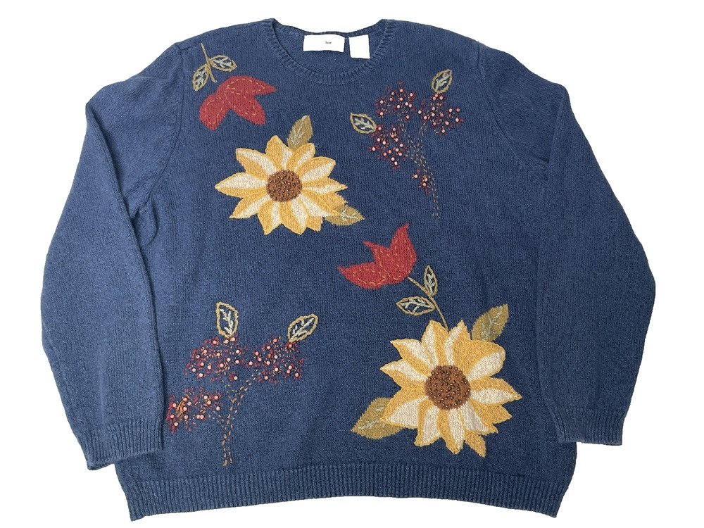 Alfred Dunner Women’s XL Blue Sunflower Fall Leaves Embellished Knit Sweater